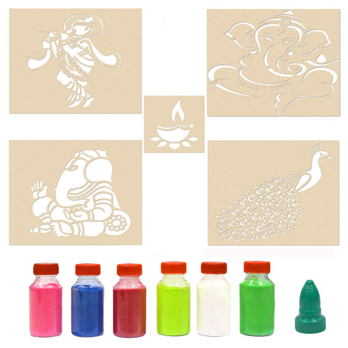 Decorative Rangoli Stencils for Painting Floors, 6 Colors Rangoli Powder (Set of 5)