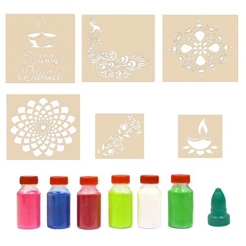 Rangoli Stencils Making Design for Floor Decoration Items with Colours (Set of 6)