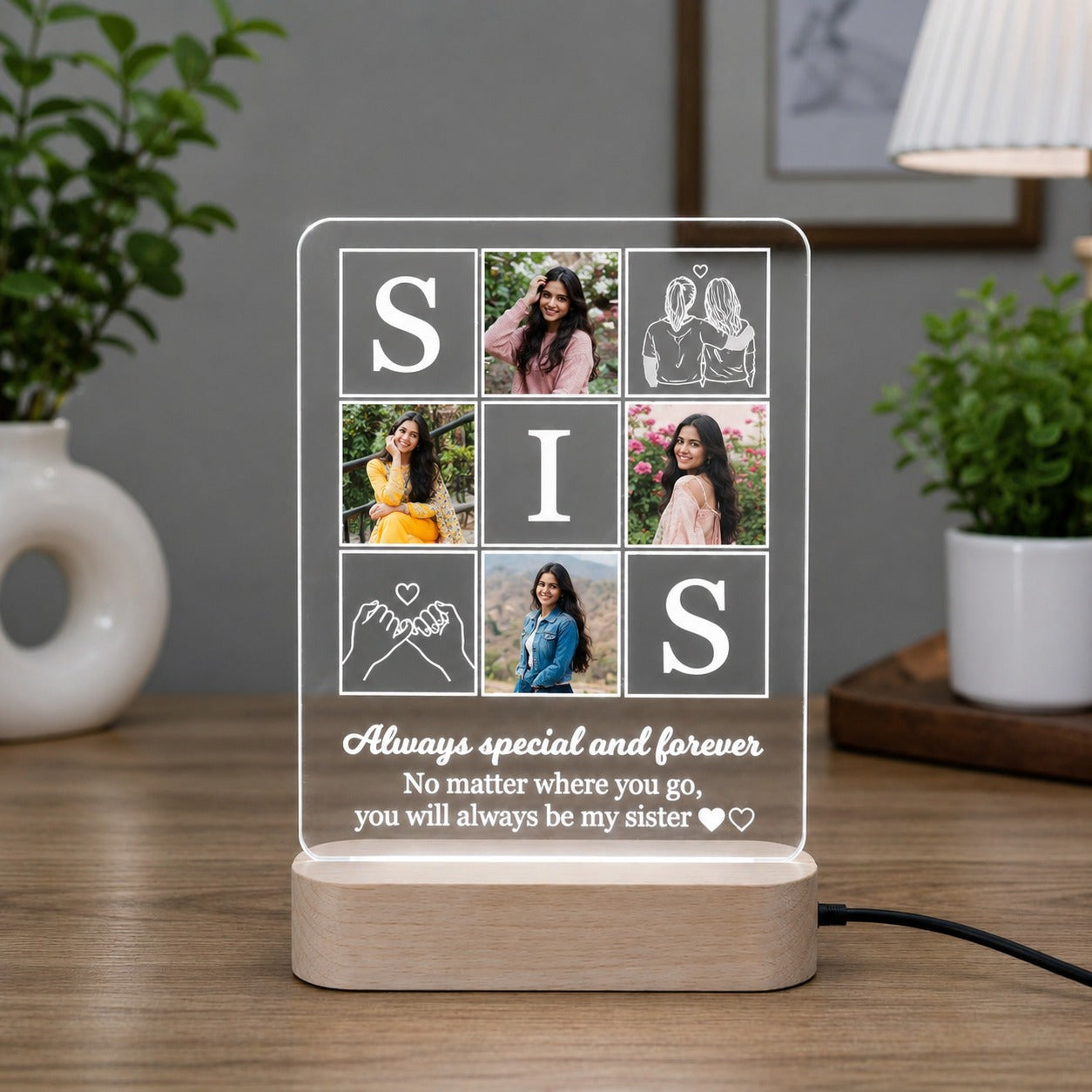 Personalized Sister Photo Acrylic LED Lamp – Custom Photo Collage Memory Light