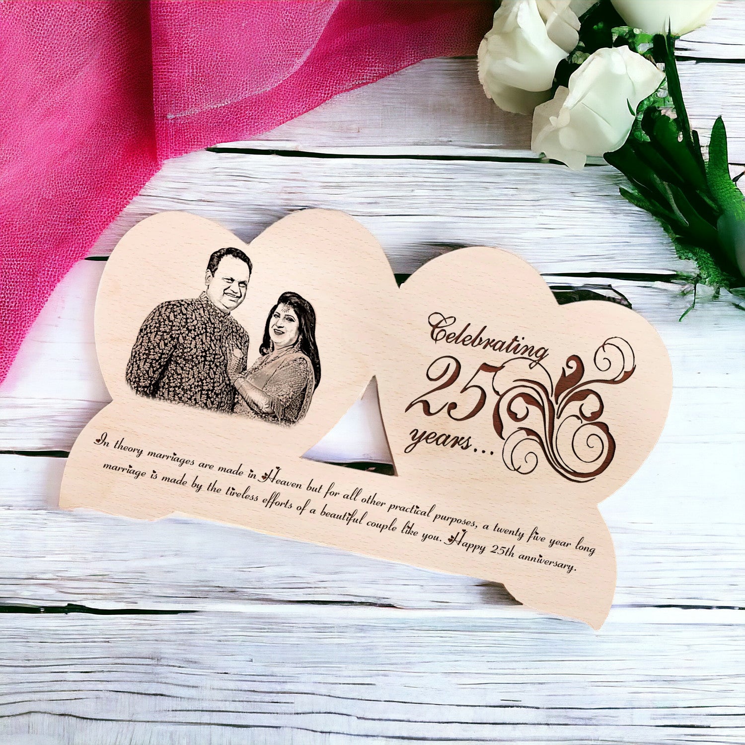 Personalized Engraved Wooden Unique Picture Frame - Double Heart Shape