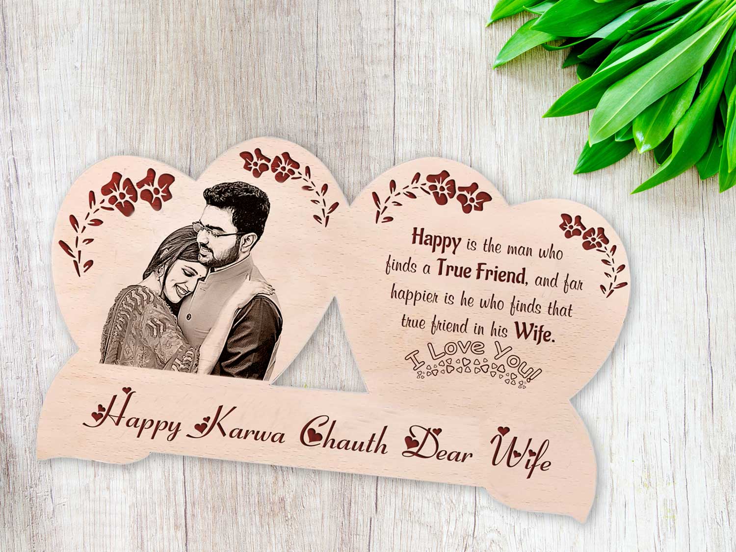 Karwachauth Engraved Wooden Photo Frame Gift for Sweetheart Wife