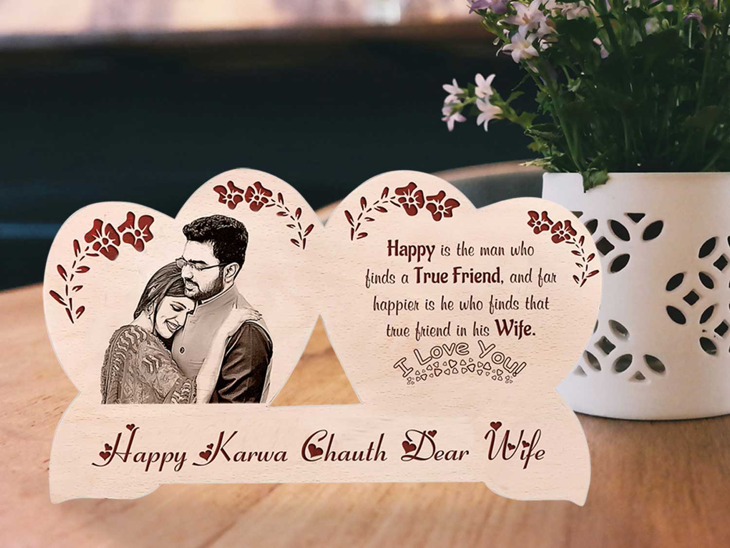 Karwachauth Engraved Wooden Photo Frame Gift for Sweetheart Wife