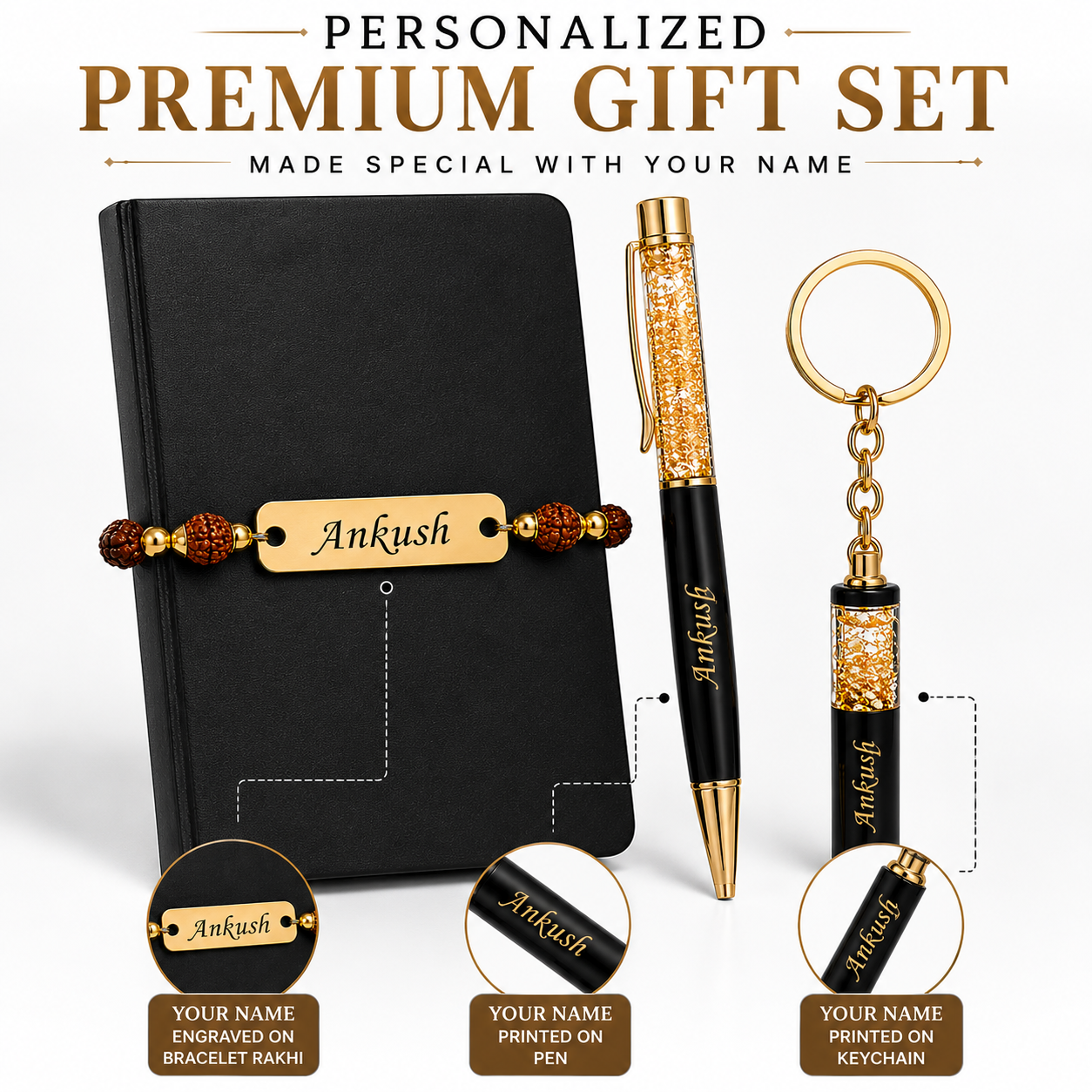 Personalized Premium Gift Set for Brother | Custom Name Bracelet Rakhi, Pen & Keychain | Unique Raksha Bandhan Gift for Brother Sister
