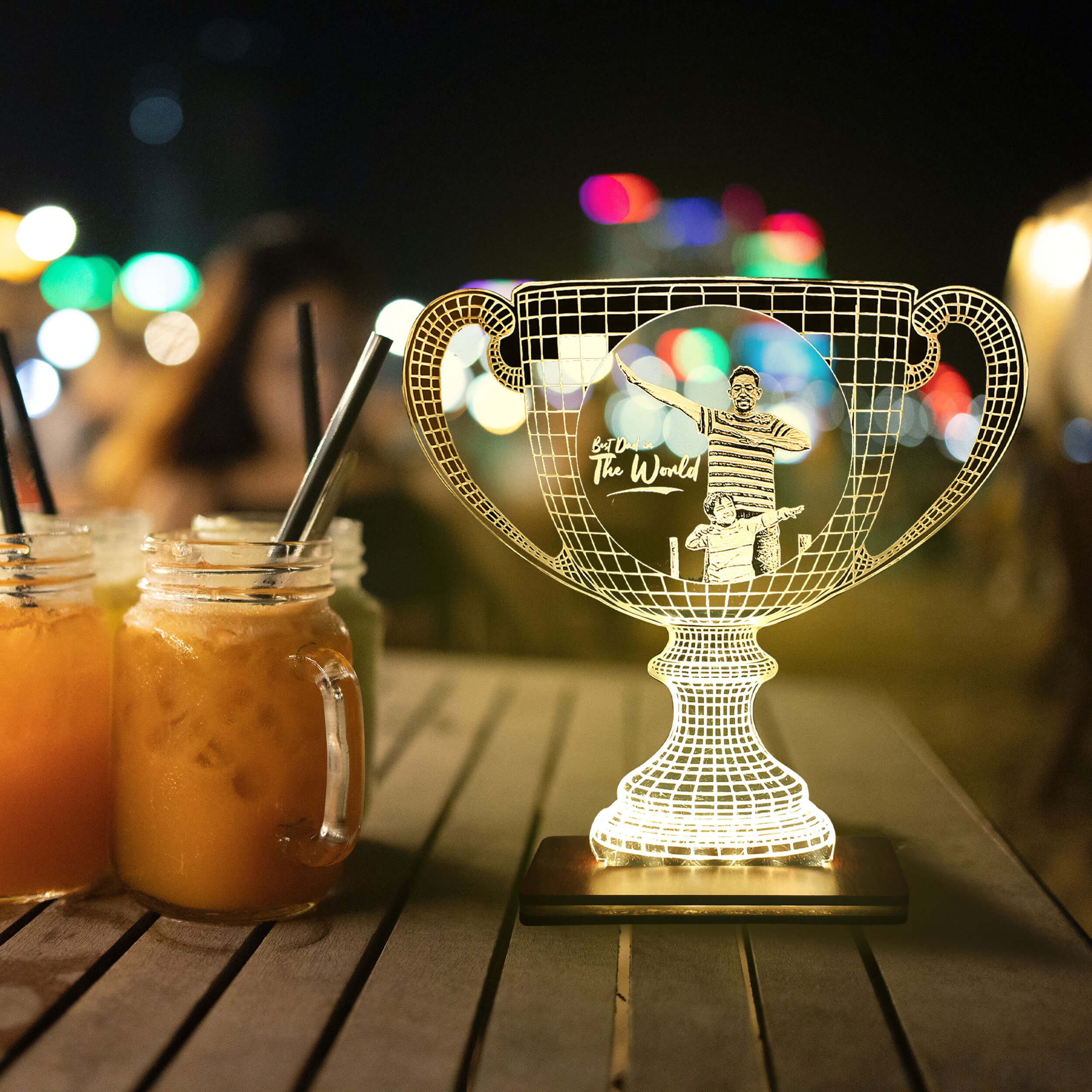 Personalized LED Photo Frame Trophy with Wood Light Stand