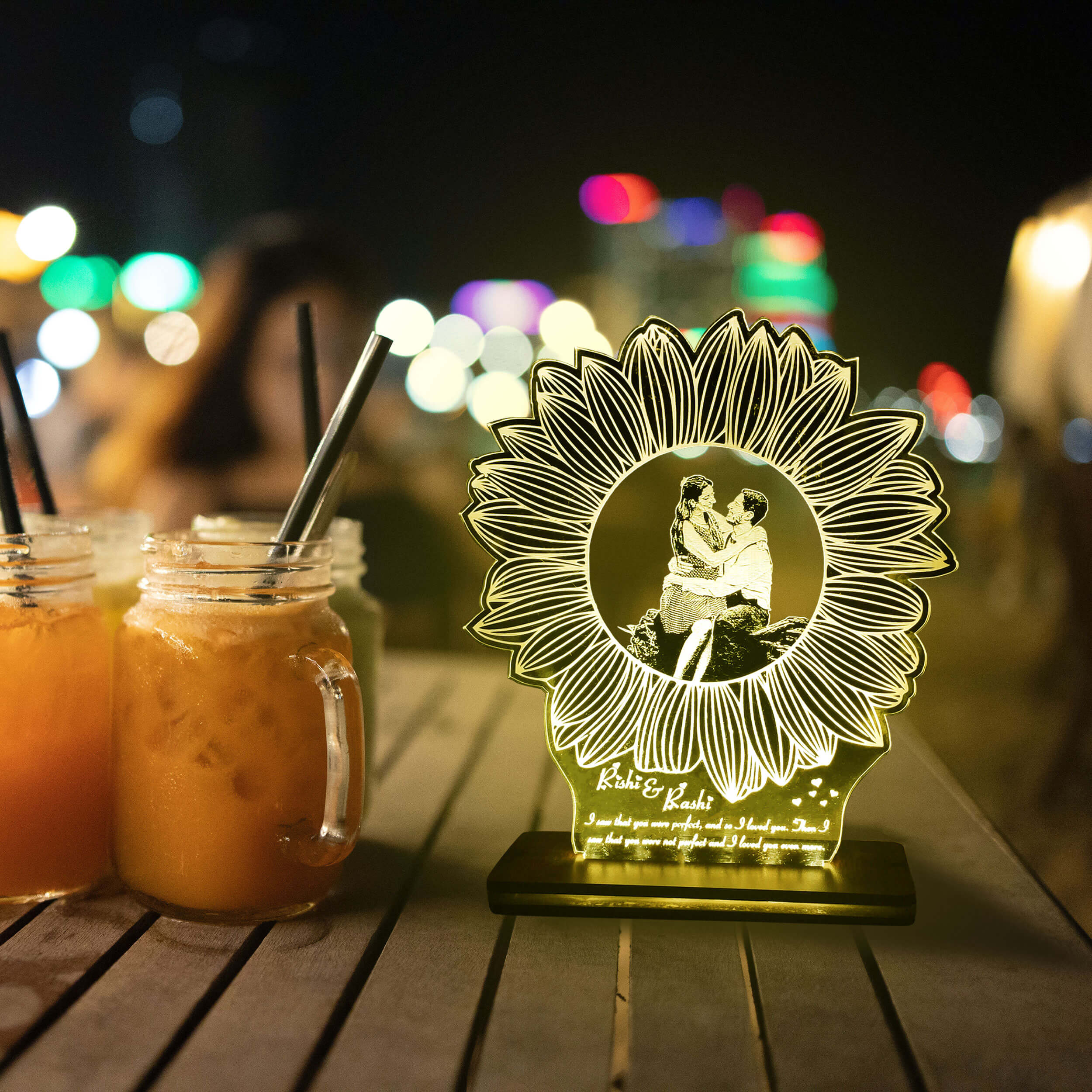 Personalized Flower LED Photo Frame with Wood Light Stand
