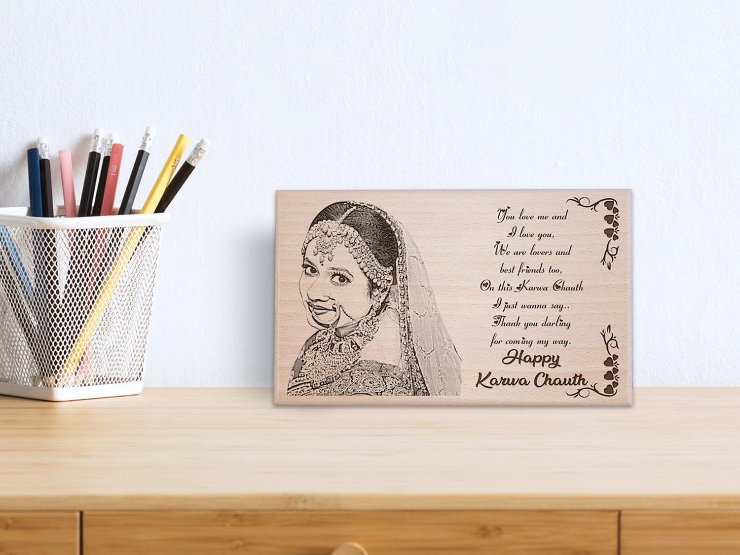 Personalized Karwachauth Engraved Wood Photo Frame Gift for Wife
