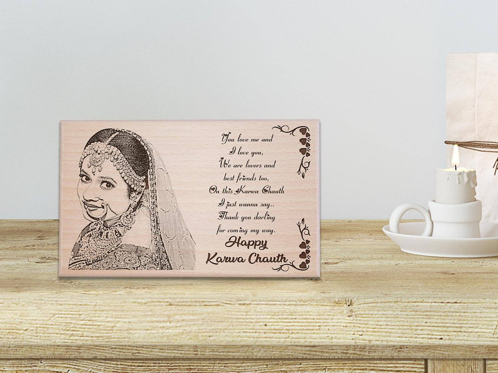 Personalized Karwachauth Engraved Wood Photo Frame Gift for Wife