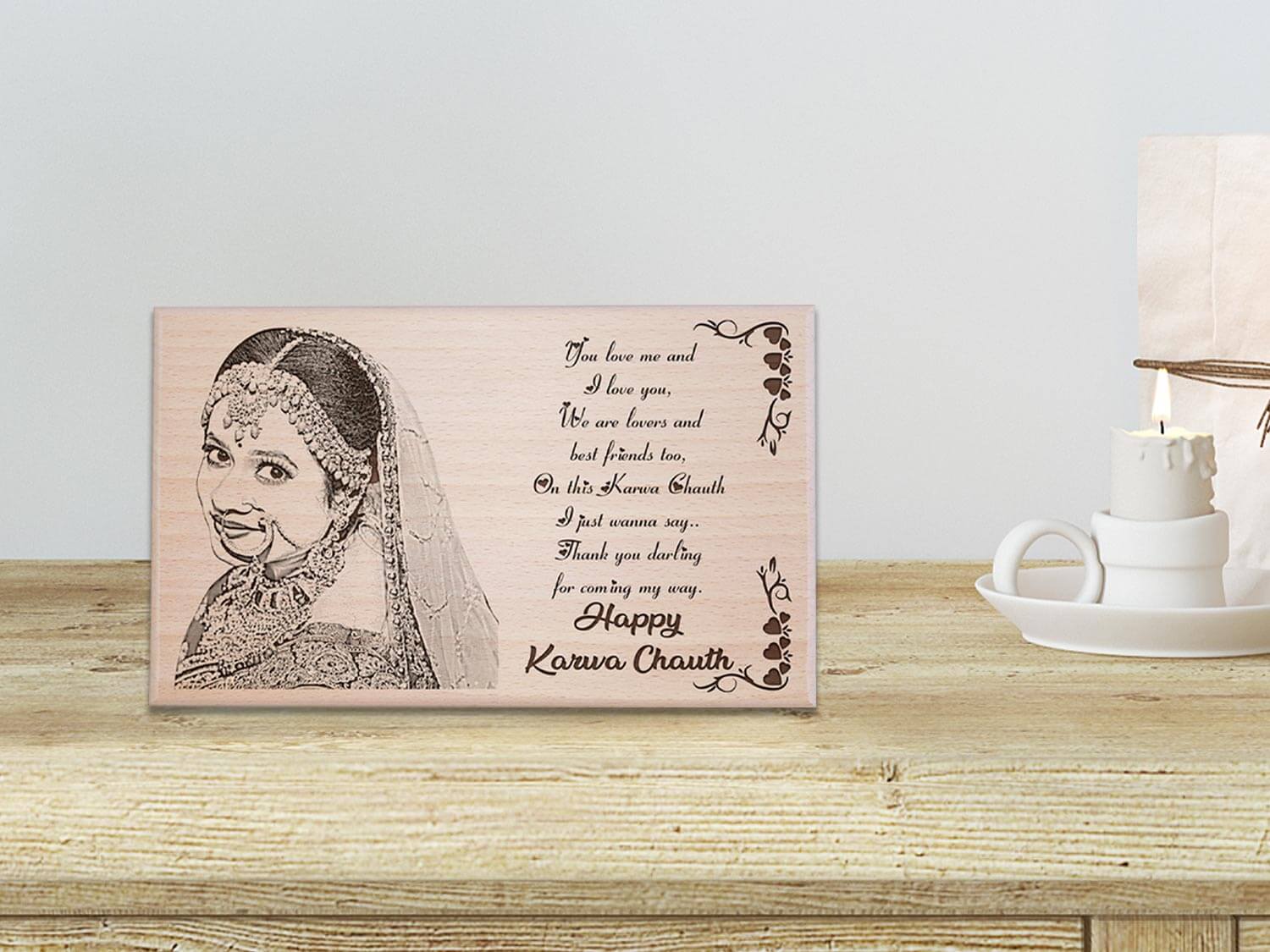 Personalized Karwachauth Engraved Wood Photo Frame Gift for Wife