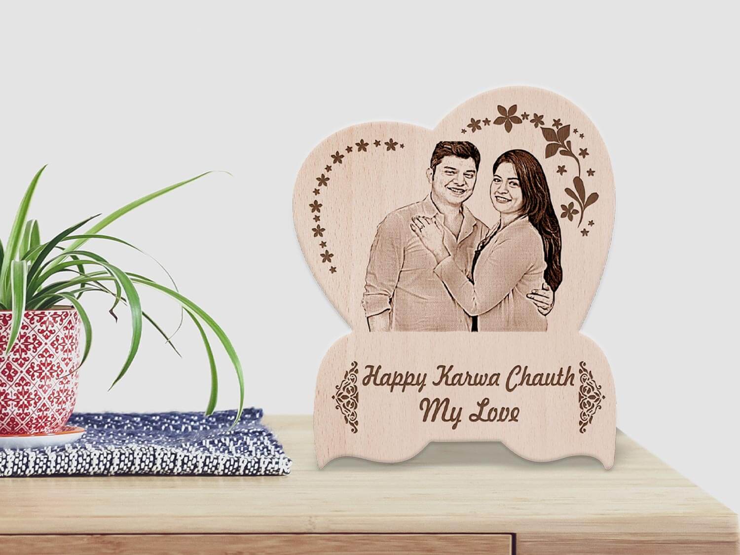 Personalized Engraved Wood Photo Frame Karwachauth Gift For Beloved Wife