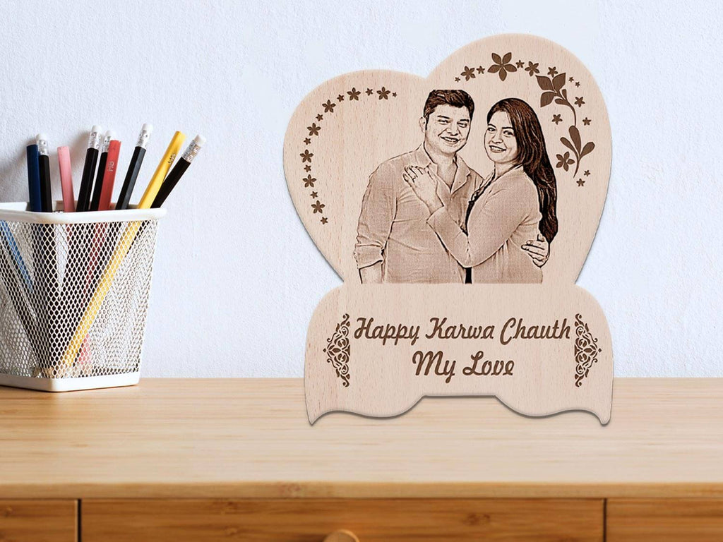 Personalized Engraved Wood Photo Frame Karwachauth Gift For Beloved Wife