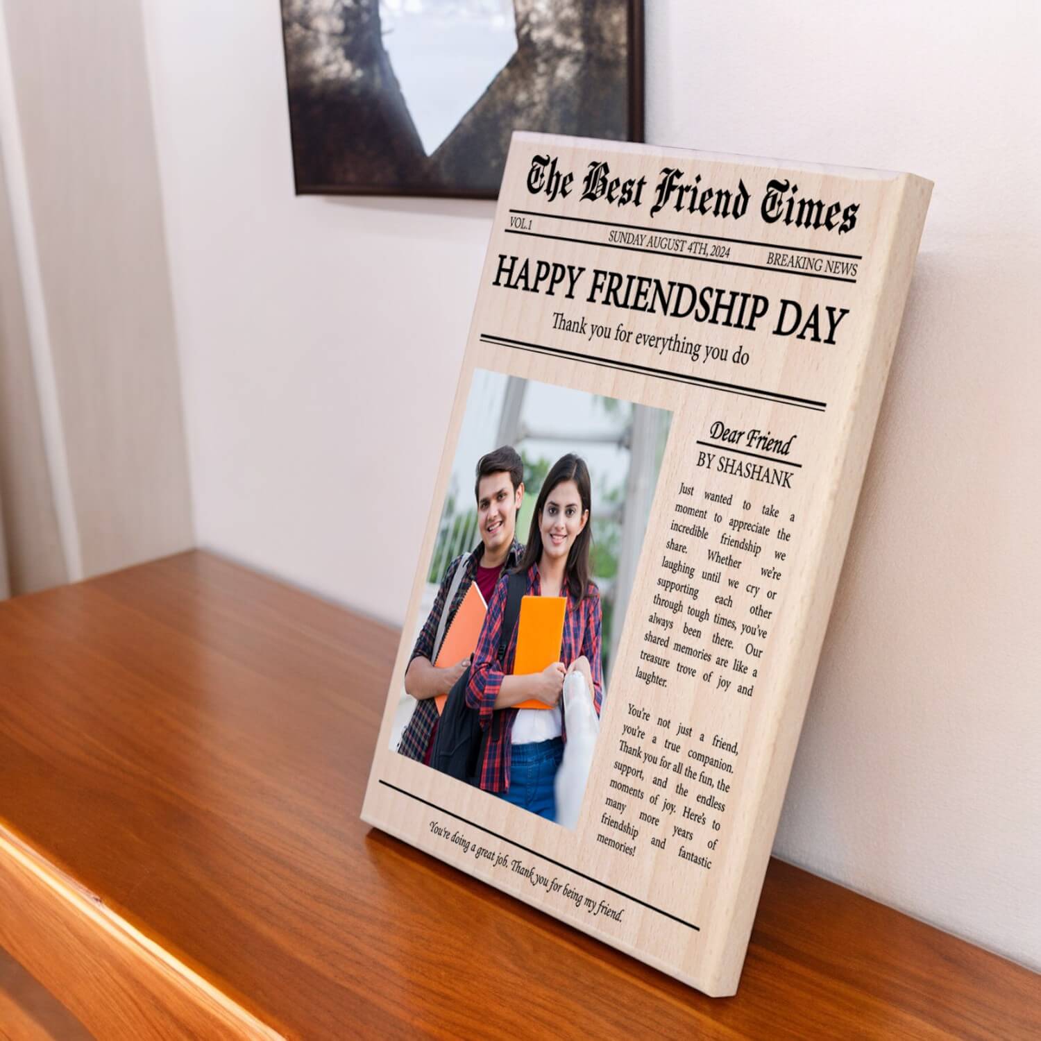 Personalized Newspaper Wooden Photo Frame Gift for Friend