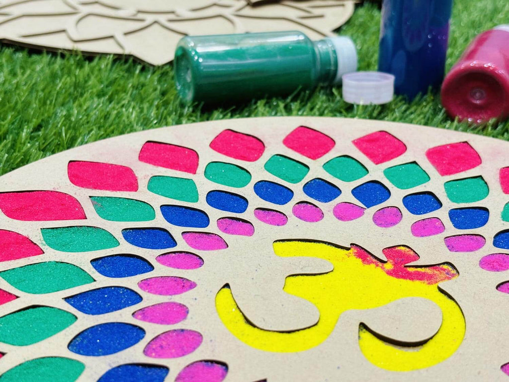Reusable Wooden Om Rangoli Stencil for floor with rangoli colour