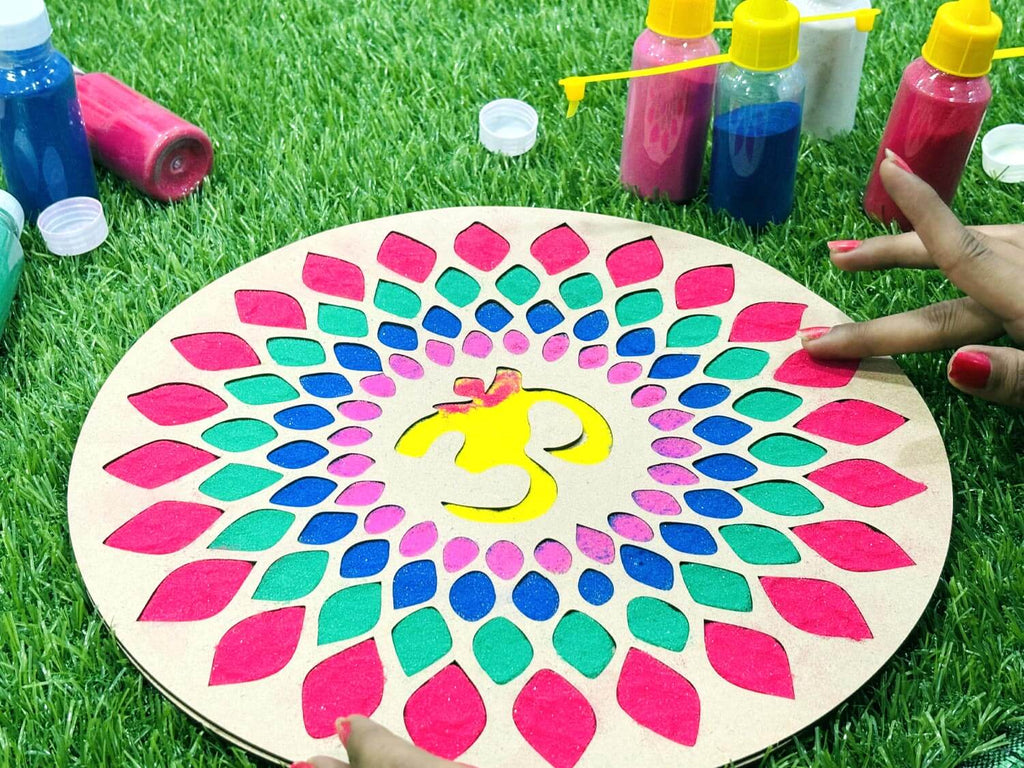 Reusable Wooden Om Rangoli Stencil for floor with rangoli colour