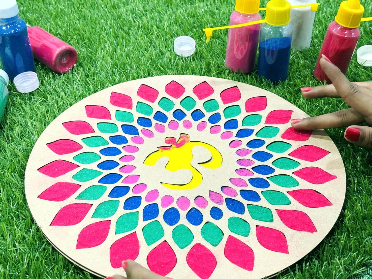 Reusable Wooden Om Rangoli Stencil for floor with rangoli colour
