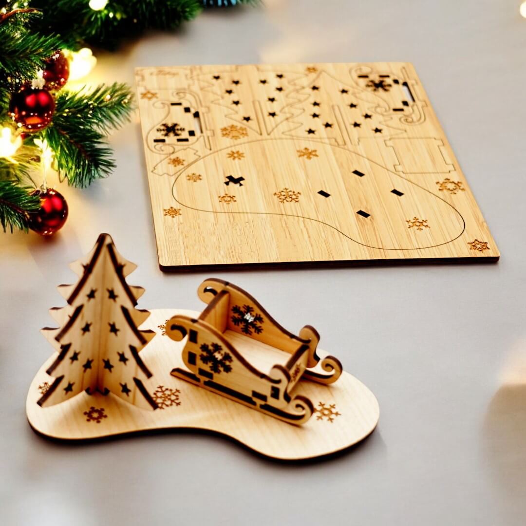 Christmas Tree & Sleigh 3D Christmas Holiday Wooden Card Set of 2