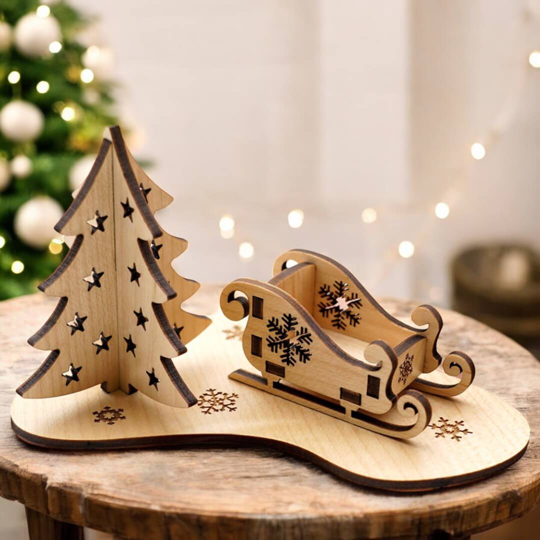 Christmas Tree & Sleigh 3D Christmas Holiday Wooden Card Set of 2