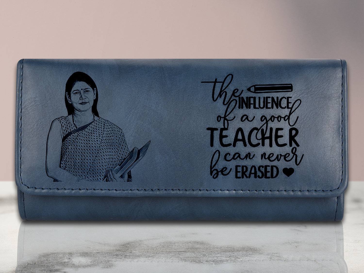 Personalized Blue Vegan Leather Photo Wallet For Teacher