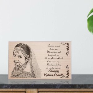 Personalized Karwachauth Engraved Wood Photo Frame Gift for Wife