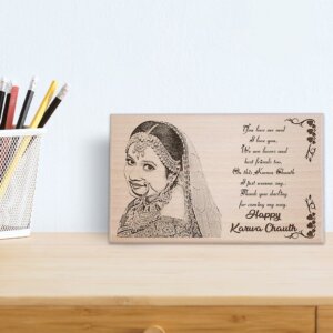 Personalized Karwachauth Engraved Wood Photo Frame Gift for Wife