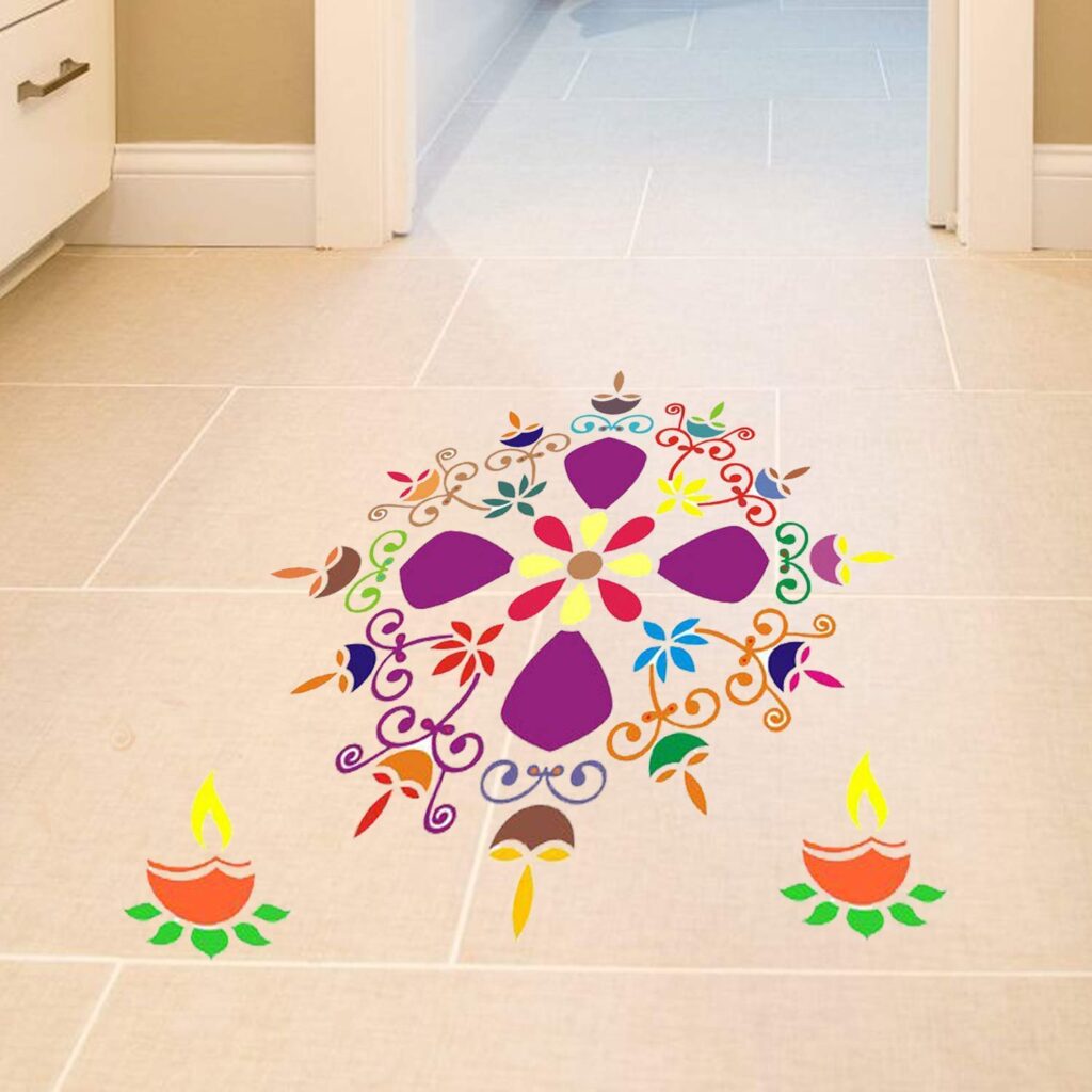 Flower Diya Rangoli Stencils for Floor (Set of 2 Stencil, 6 Colors ...