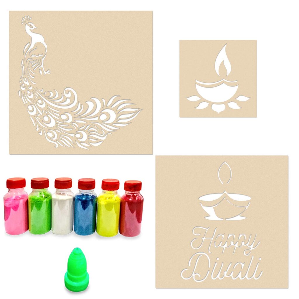 Peacock Happy Diwali Diya Rangoli Stencils for Floor (Set of 3 Stencil ...