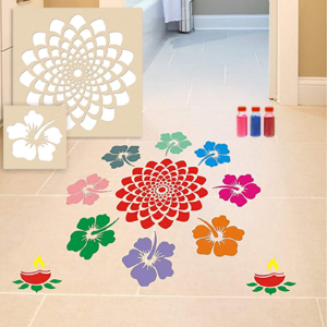 Flower With Diya Rangoli Stencils with Six Rangoli...