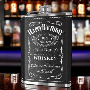 Personalized Black Leather Hip Flask Happy Birthda...