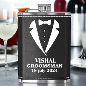 Custom Groomsman Tribute Black Leather Hip Flask