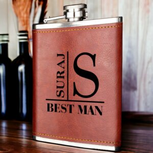 Personalized Tan Leather Hip Flask with Customized Name