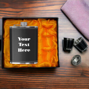 Exquisite Personalized Text Black Leather Hip Flask Set