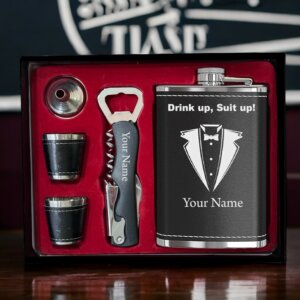 Gentleman’s Name Personalized Black Leather Hip Flask Set With Opener