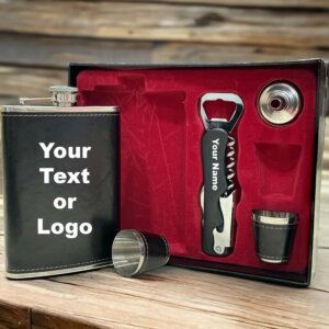 Custom Logo or Message Black Leather Hip Flask Set...