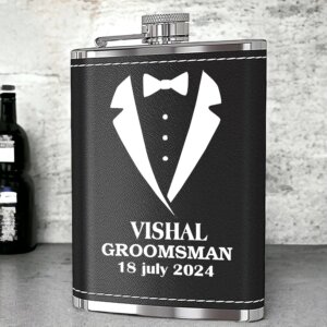 Custom Groomsman Tribute Black Leather Hip Flask