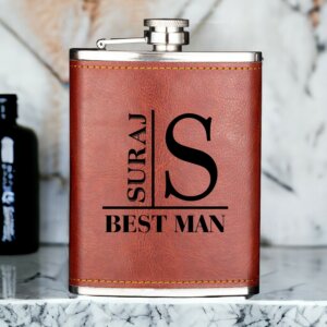 Personalized Tan Leather Hip Flask with Customized Name