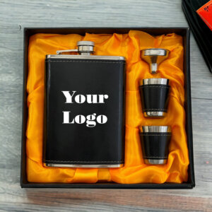 Luxury Personalized Logo Black Leather Hip Flask Set