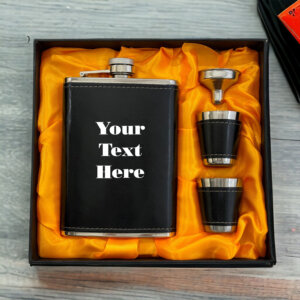 Exquisite Personalized Text Black Leather Hip Flask Set