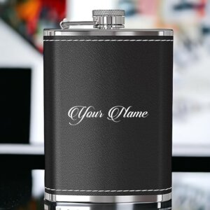 Customized Name Black Leather Hip Flask