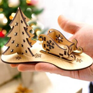 Christmas Tree & Sleigh 3D Christmas Holiday Woode...