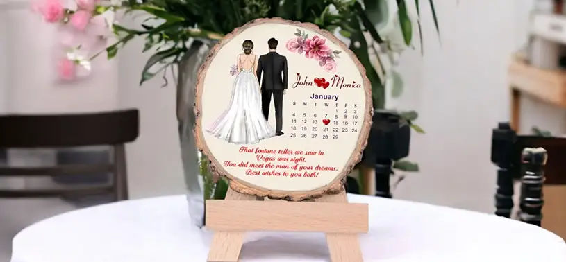 sliced wood wedding date calendar